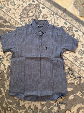 Polo by Ralph Lauren Short Sleeve Button-Down Shirt in Heathered Blue
